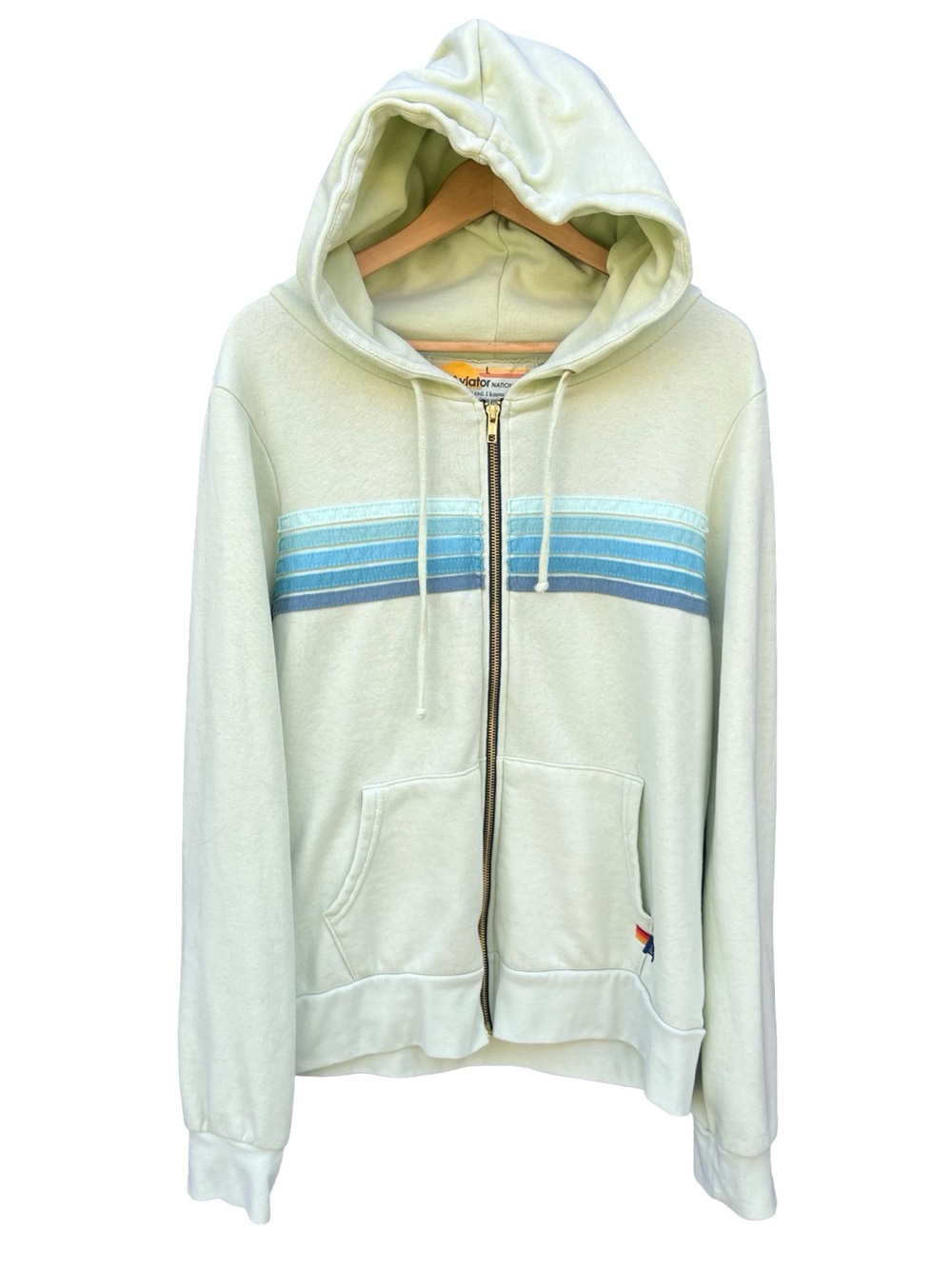 Aviator Nation $196 5-Stripe Full-Zip Hoodie Lime-Cream Seafoam USA-Made Sz L